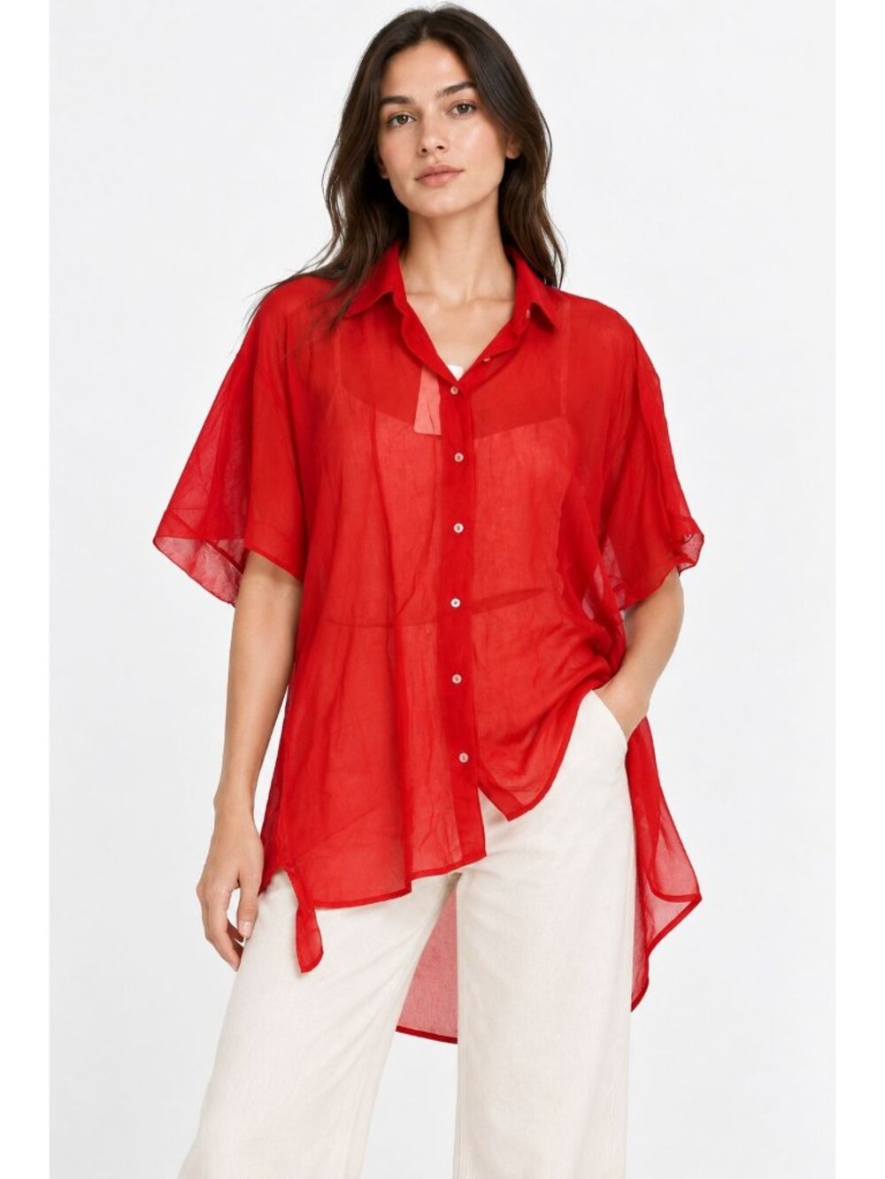 TER ET BANTINE Short Sleeve Sheer Button Up Blouse Red Size 40 NWT